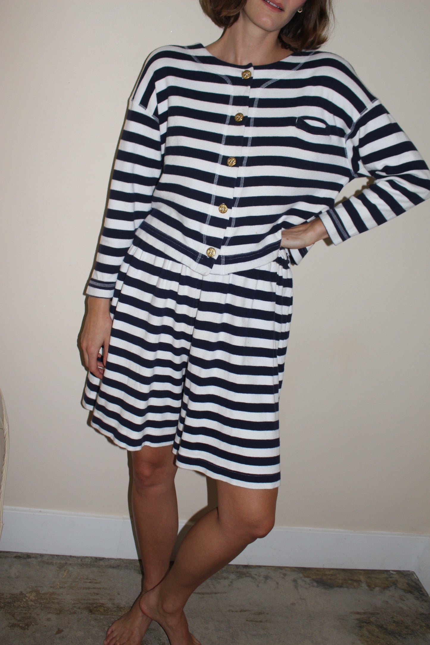 Vintage Navy & Ivory Striped Short Set