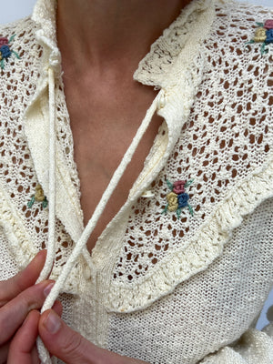 Stunning Vintage Floral Accented High Neck Knit Cardigan