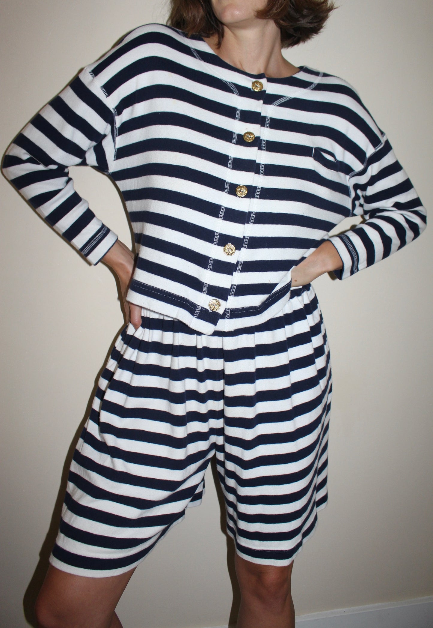 Vintage Navy & Ivory Striped Short Set