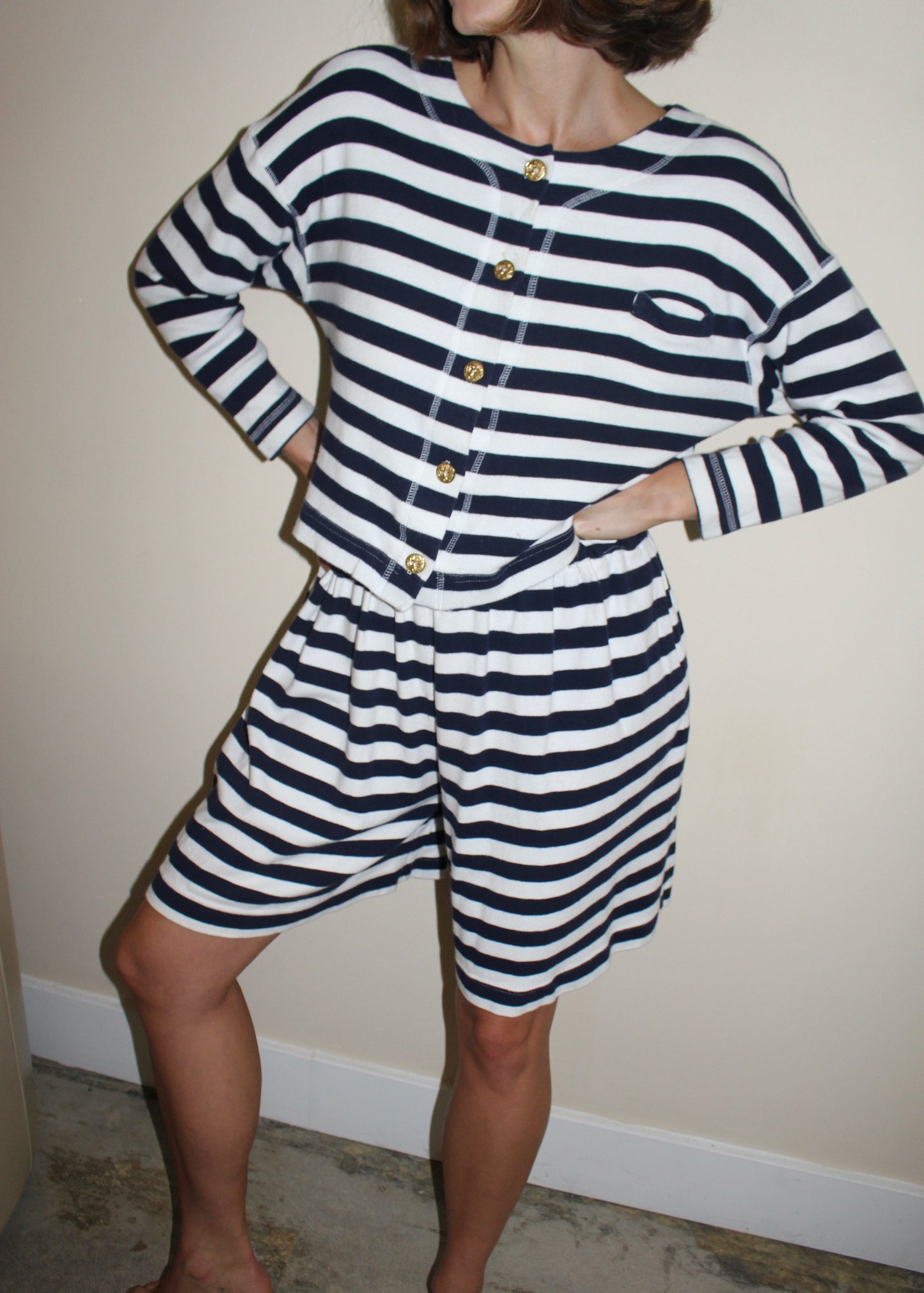 Vintage Navy & Ivory Striped Short Set