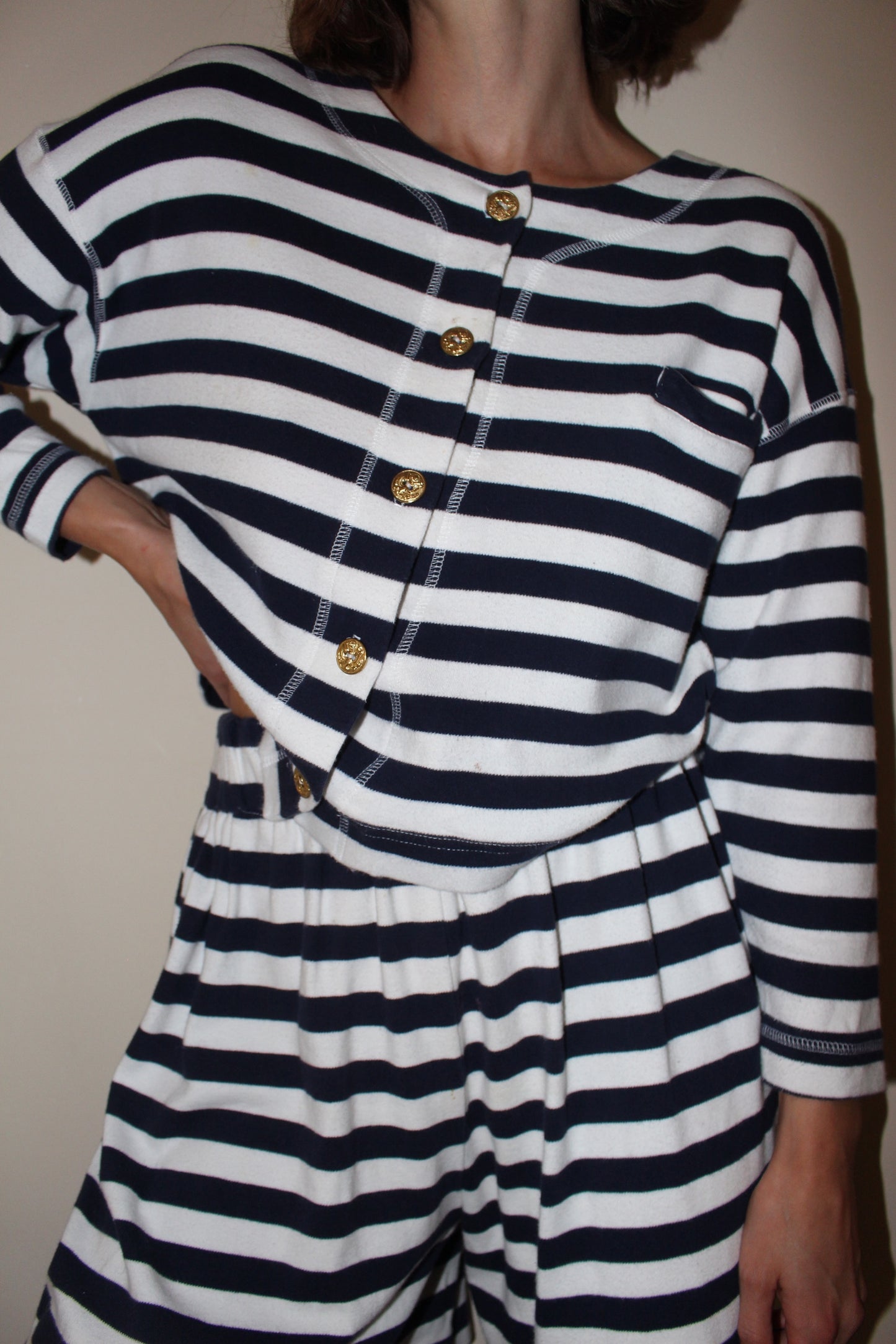 Vintage Navy & Ivory Striped Short Set