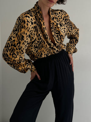 Vintage Leopard Silk Draped Blouse