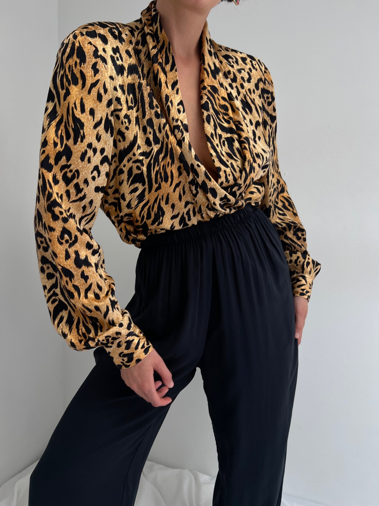 Vintage Leopard Silk Draped Blouse