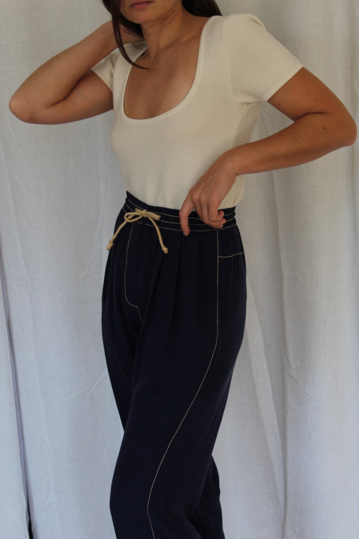 Gorgeous Vintage Navy Silk Drawstring Pants