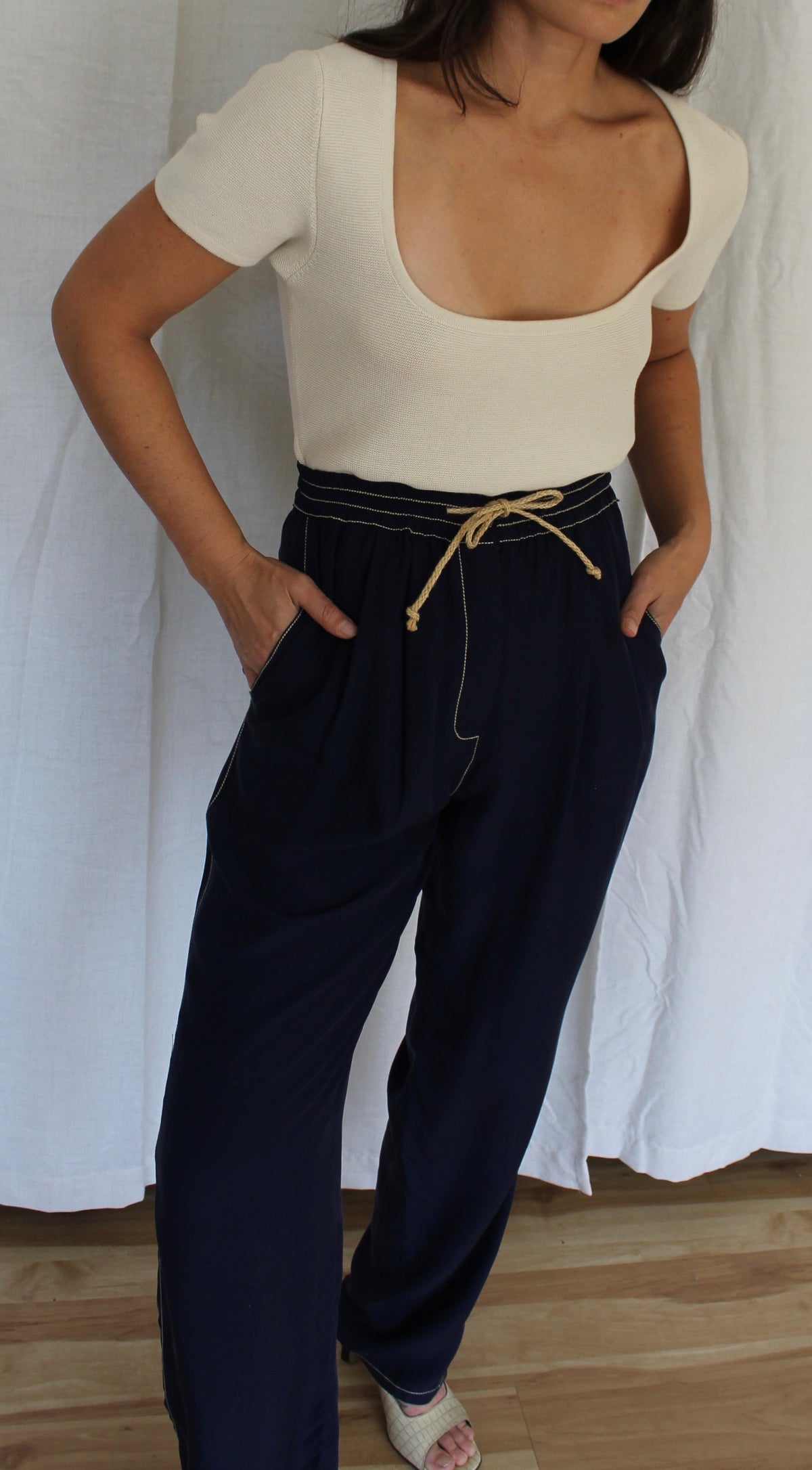 Gorgeous Vintage Navy Silk Drawstring Pants