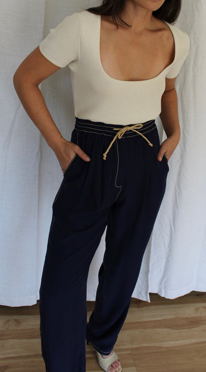 Gorgeous Vintage Navy Silk Drawstring Pants