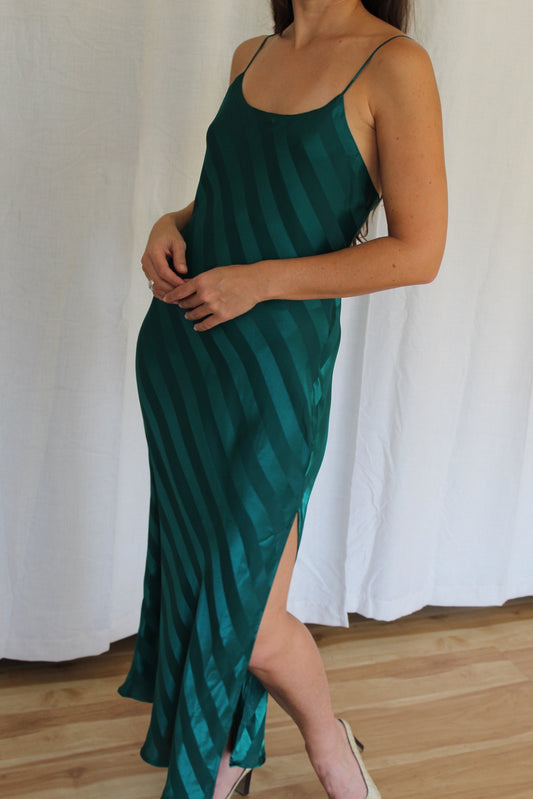 Striking 90s Emerald Satin Striped Slip Dress
