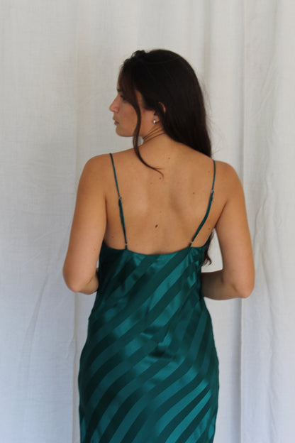 Striking 90s Emerald Satin Striped Slip Dress