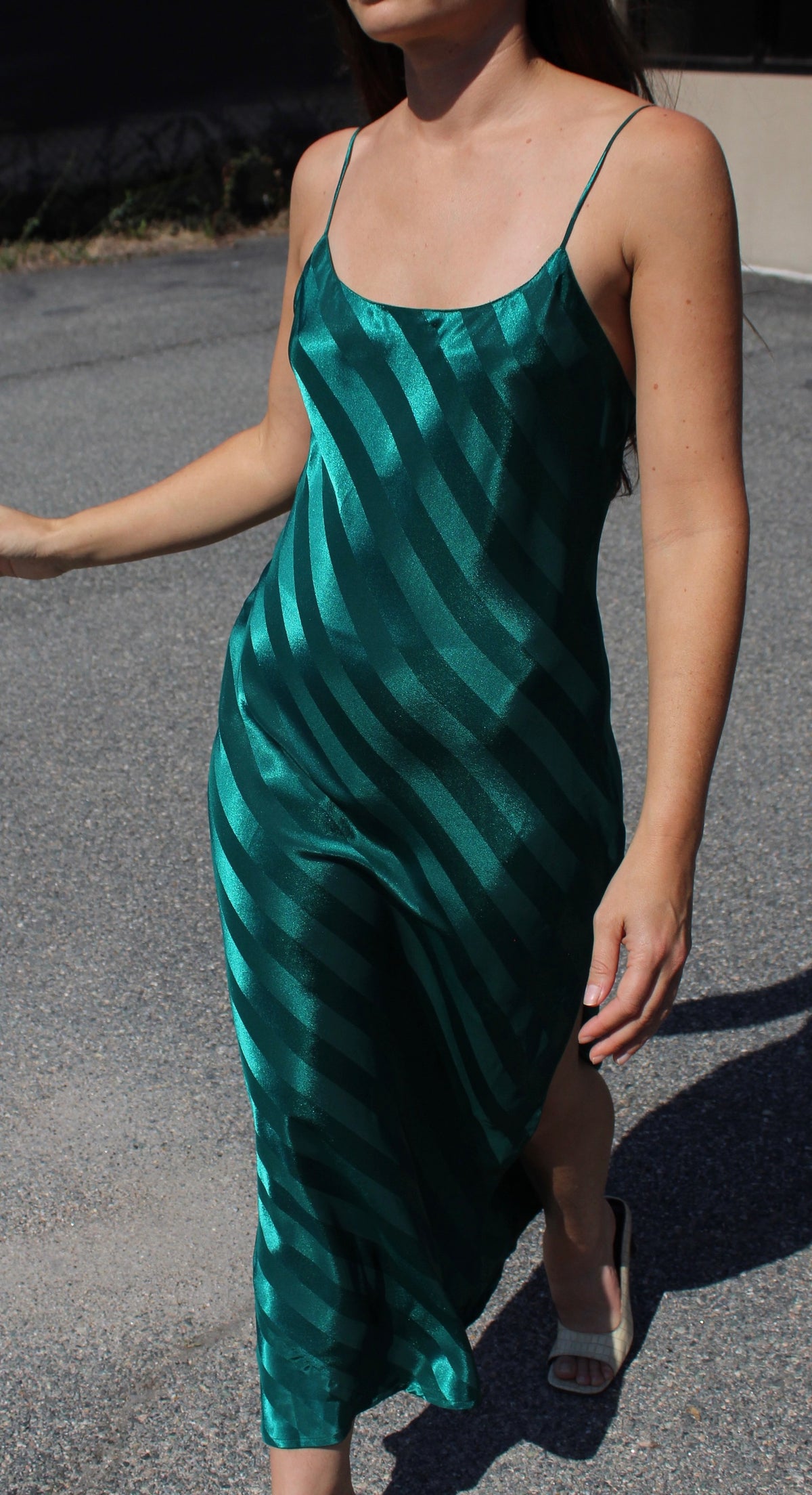 Striking 90s Emerald Satin Striped Slip Dress