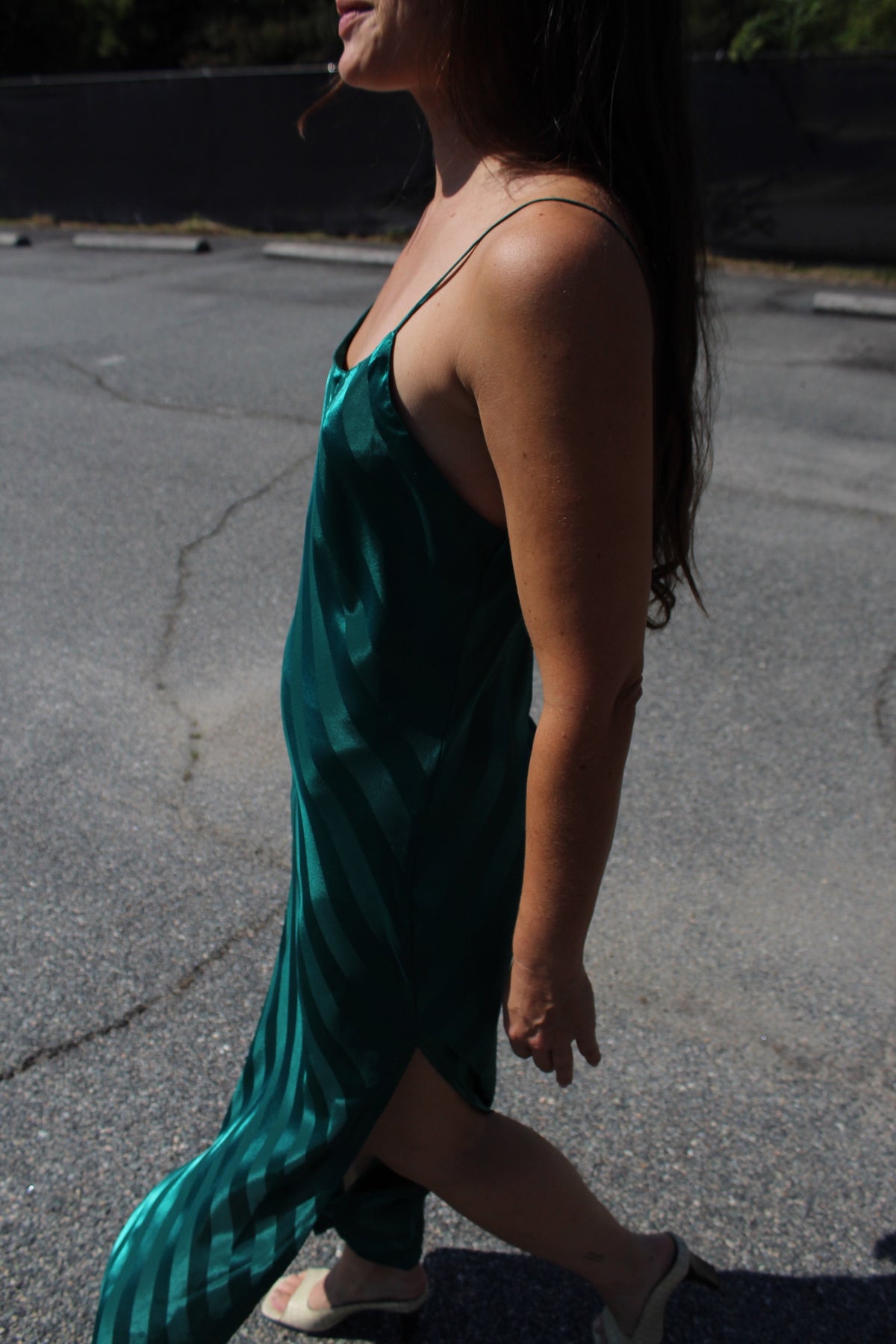 Striking 90s Emerald Satin Striped Slip Dress