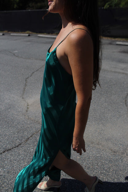 Striking 90s Emerald Satin Striped Slip Dress