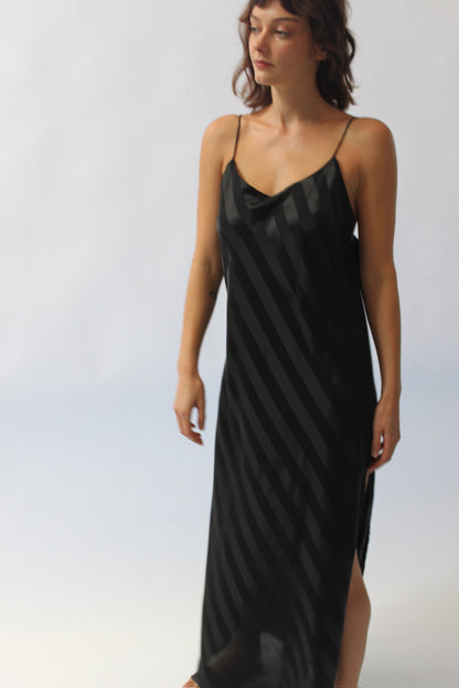 Sleek 90s Onyx Satin Striped Slip Dress