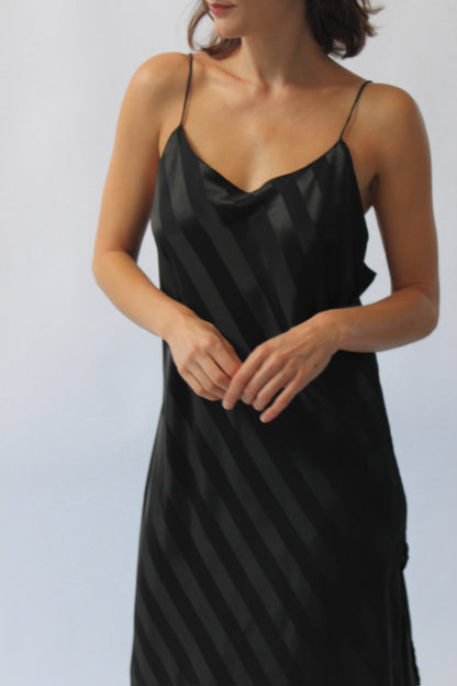 Sleek 90s Onyx Satin Striped Slip Dress