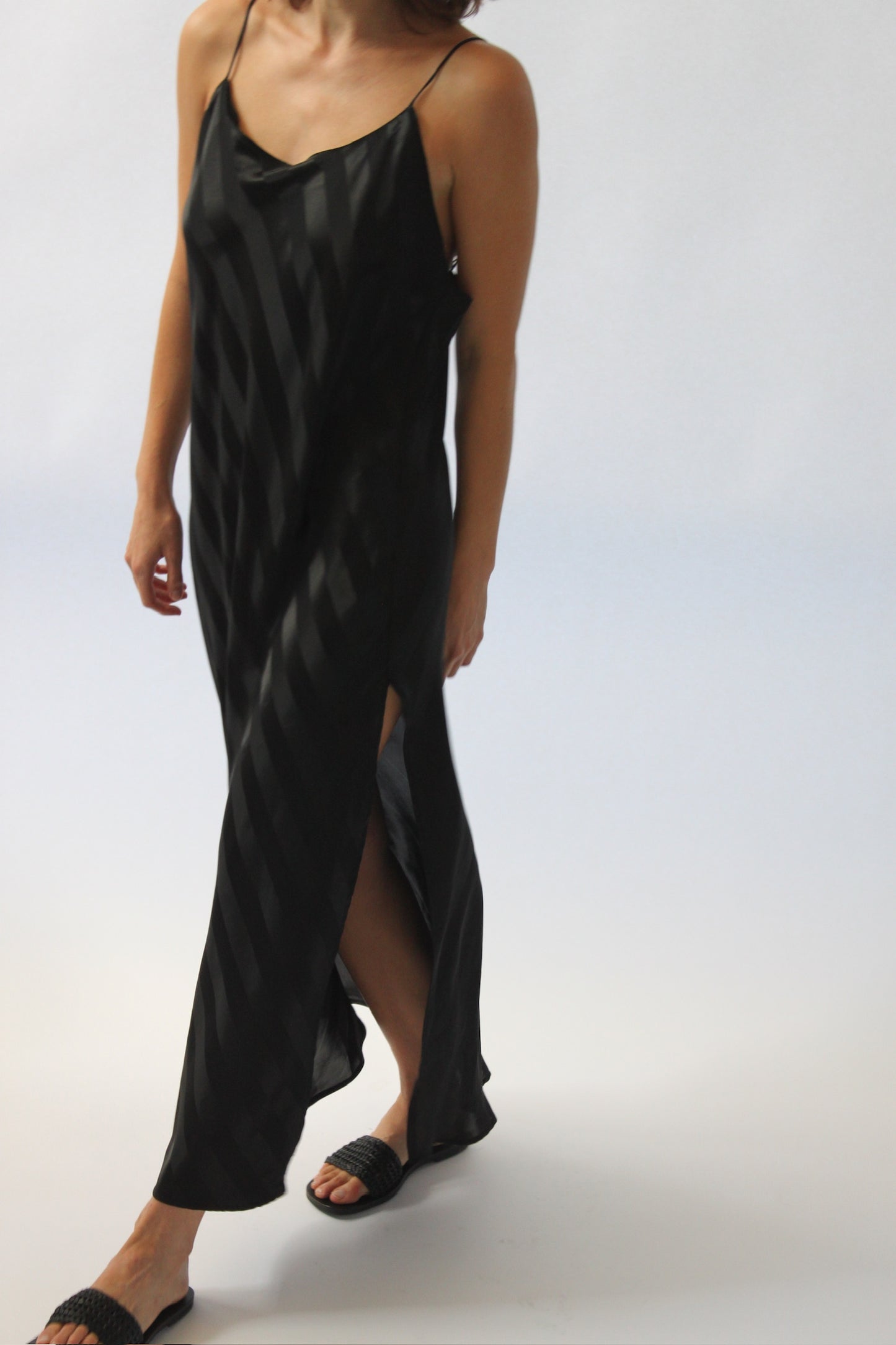 Sleek 90s Onyx Satin Striped Slip Dress