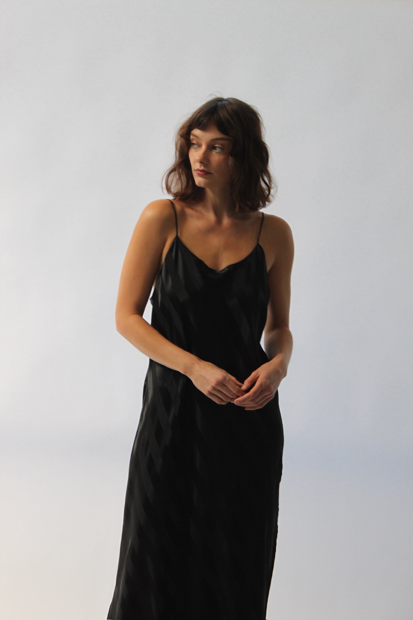 Sleek 90s Onyx Satin Striped Slip Dress