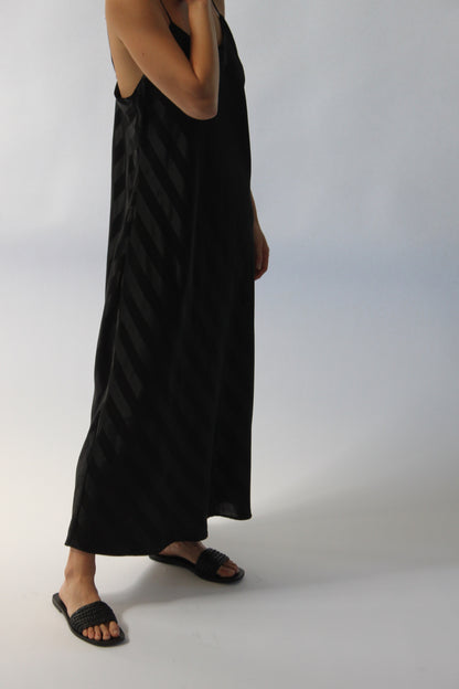 Sleek 90s Onyx Satin Striped Slip Dress