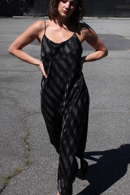 Sleek 90s Onyx Satin Striped Slip Dress