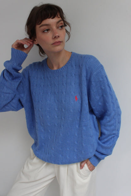 Stunning Ralph Lauren Pool Blue Silk Cable Knit Sweater