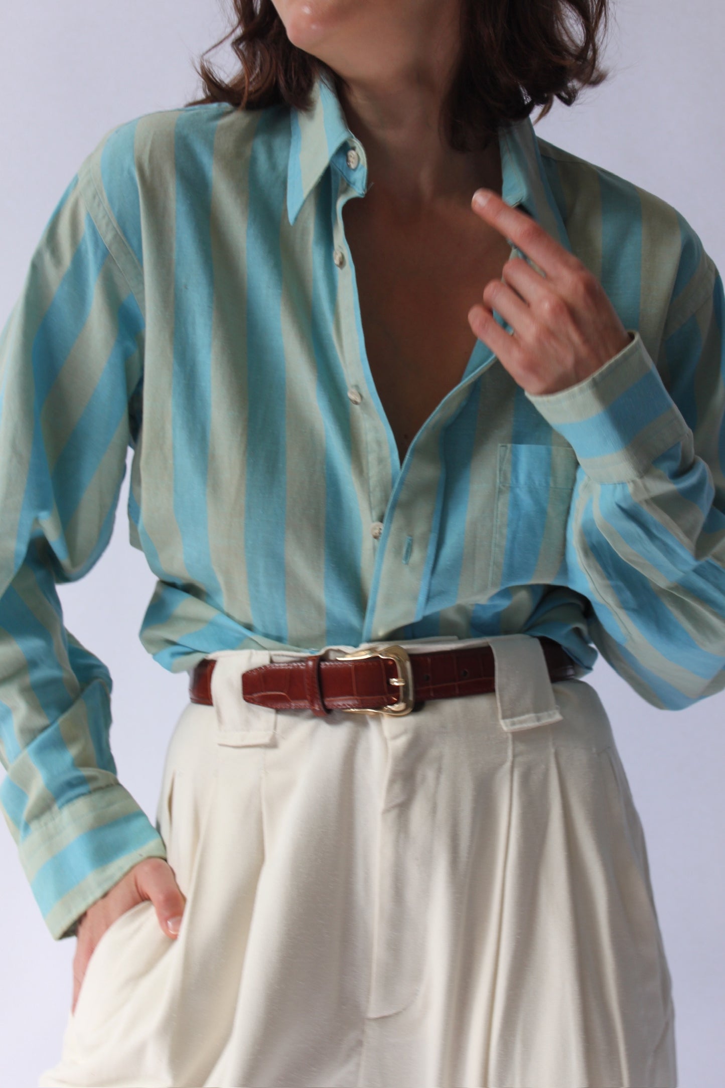 Vintage Christian Dior Pool & Avocado Striped Button Up