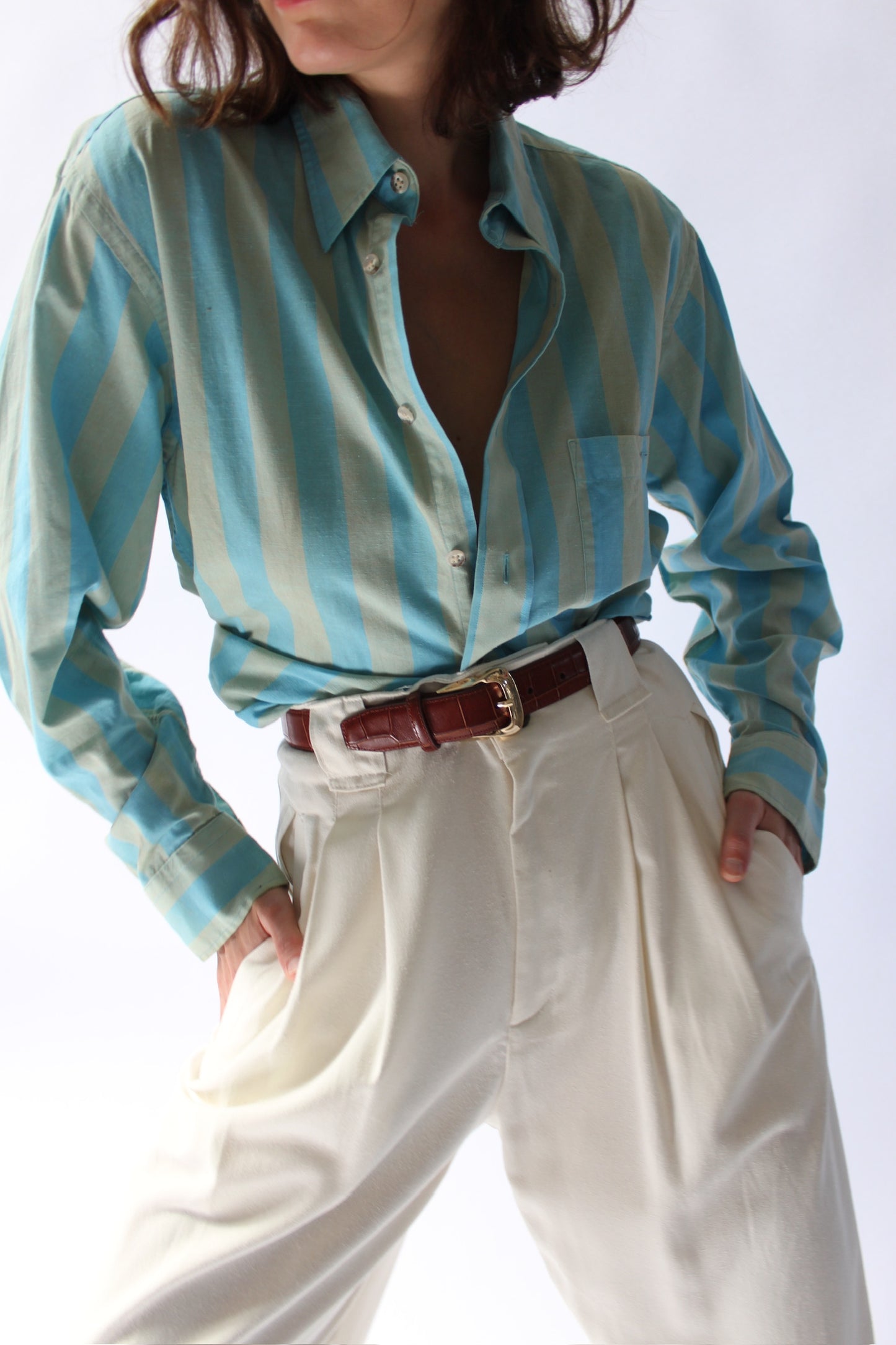 Vintage Christian Dior Pool & Avocado Striped Button Up