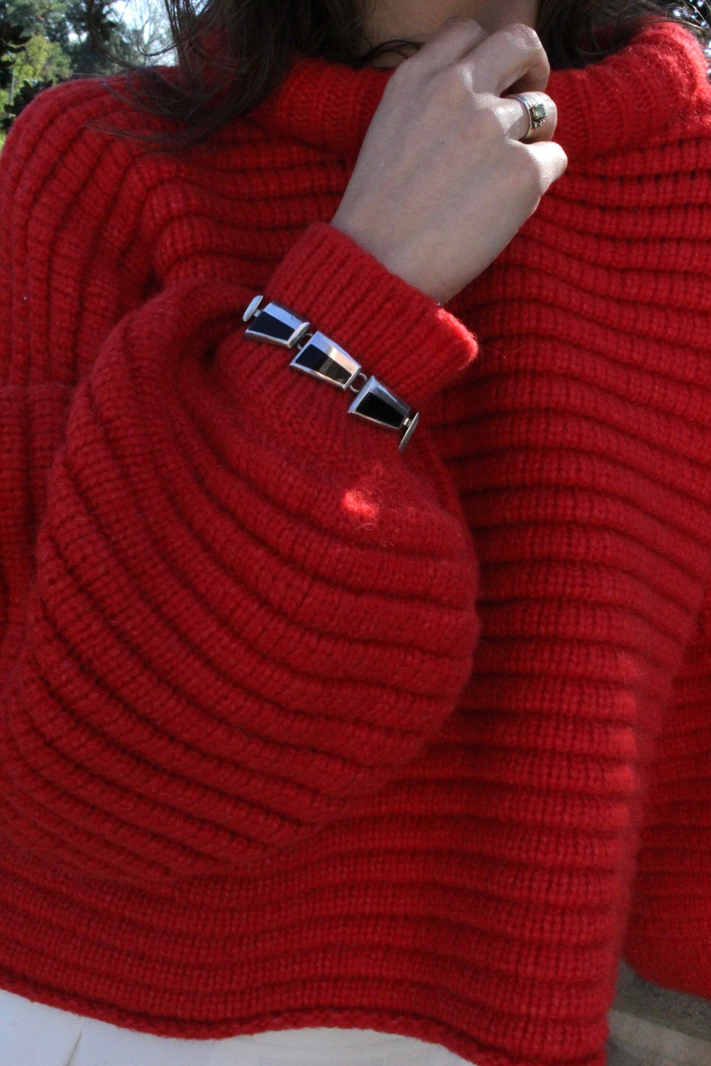 Amazing Vintage Sterling Silver & Onyx Inlay Link Bracelet