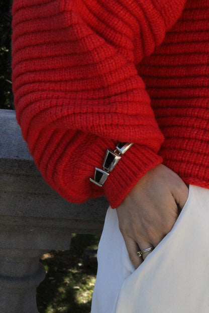 Amazing Vintage Sterling Silver & Onyx Inlay Link Bracelet