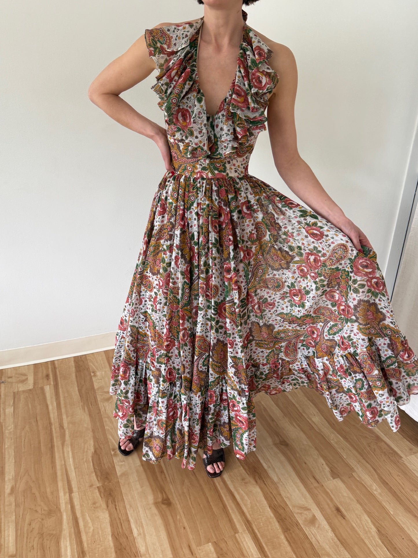 Stunning Vintage Bowit Teller Ruffled Halter Gown