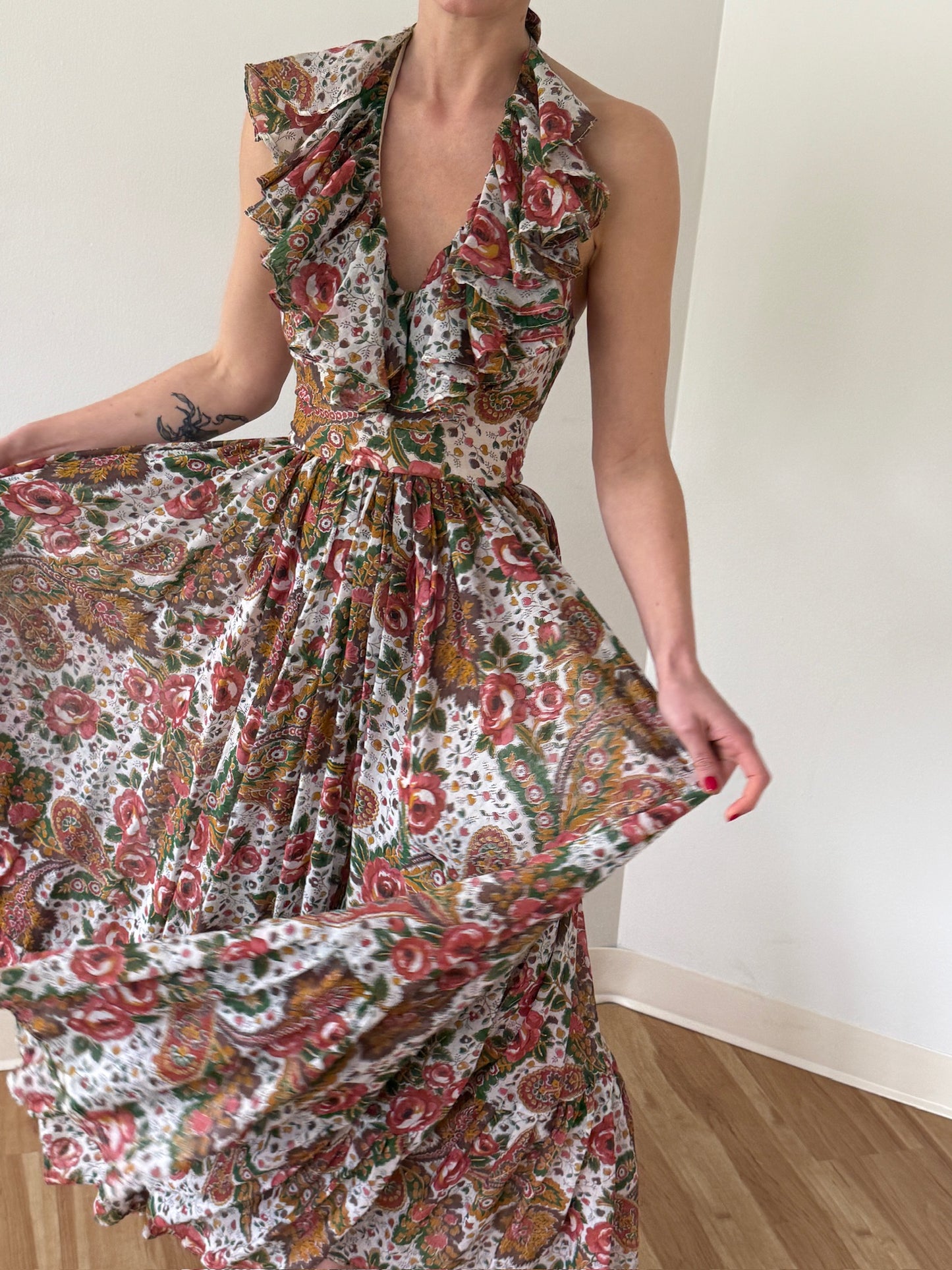 Stunning Vintage Bowit Teller Ruffled Halter Gown