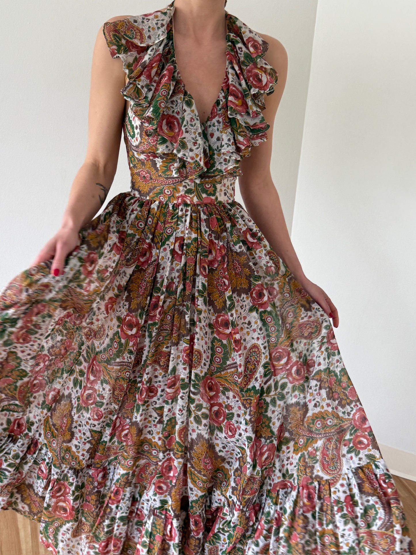 Stunning Vintage Bowit Teller Ruffled Halter Gown