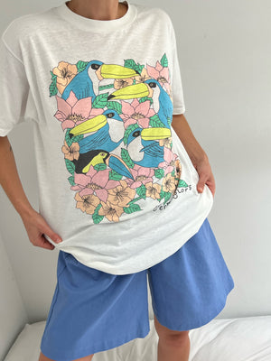Sweet Vintage Pastel Tropical Bird Printed T-Shirt
