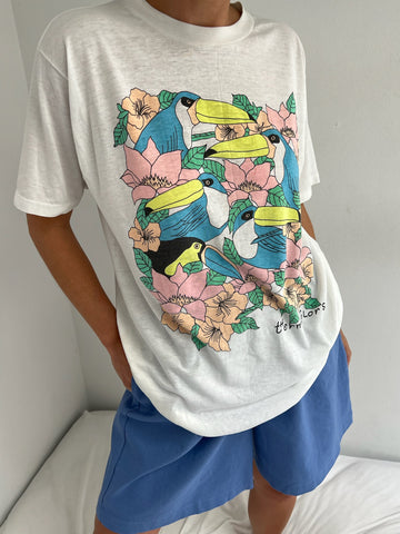 Sweet Vintage Pastel Tropical Bird Printed T-Shirt