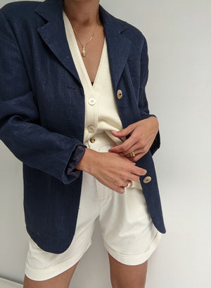 Classic Vintage Woven Navy Linen Blazer