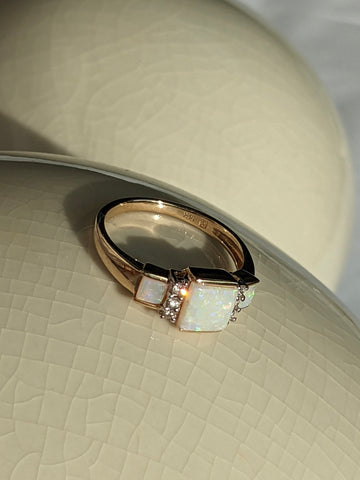 Stunning 14K Gold Square Opal & Diamond Ring