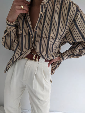 Beautiful Vintage Camel & Charcoal Striped Button Up
