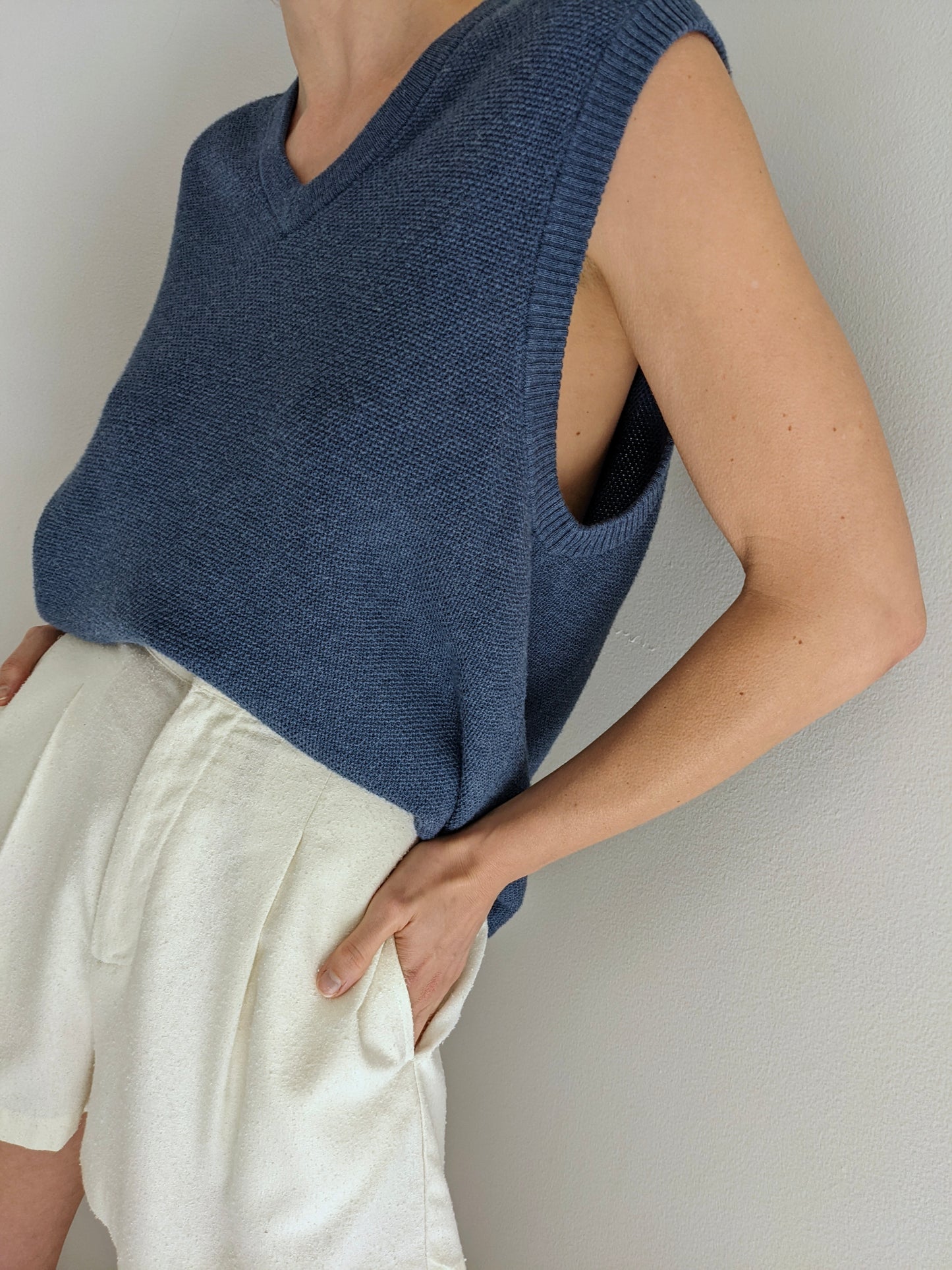 Wave Blue Woven Cotton & Cashmere Sweater Vest