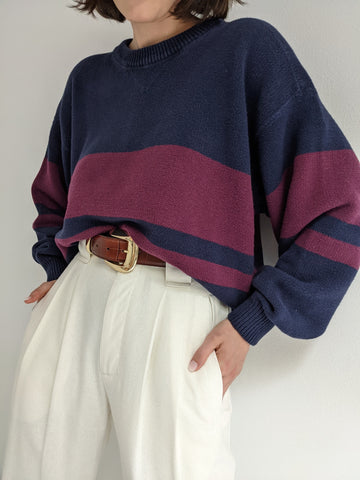 Vintage Faded Navy & Maroon Striped Pullover