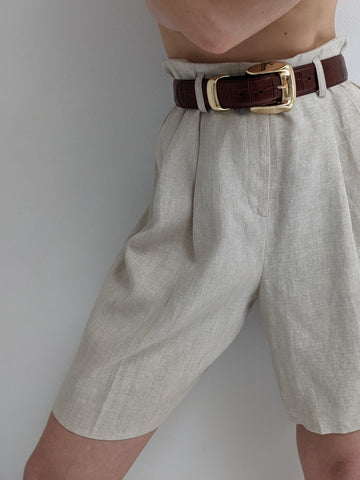 Vintage Oat Linen Pleated Shorts