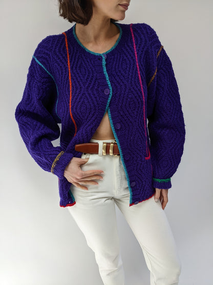 Vintage Hand Knit Colorful Wool Cardigan
