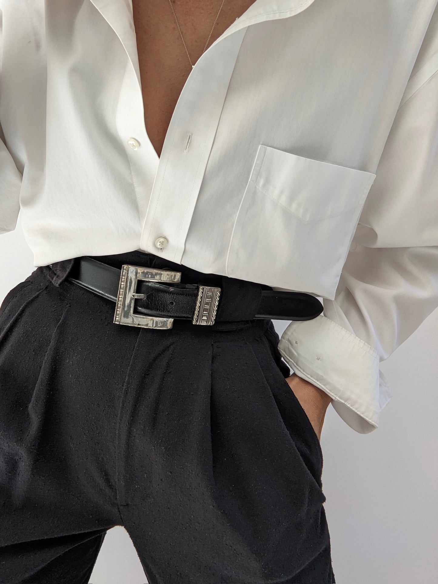 Vintage Silver Buckle & Smooth Onyx Leather Belt
