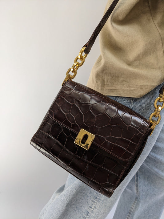 Vintage Joan & David Embossed Leather Shoulder Bag