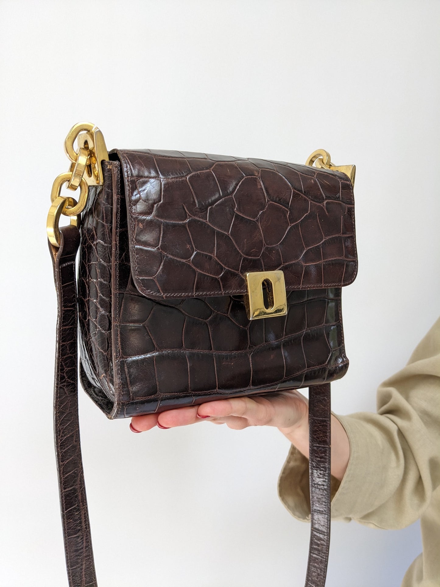 Vintage Joan & David Embossed Leather Shoulder Bag