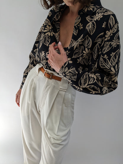 Vintage Floral Patterned Linen Blouse