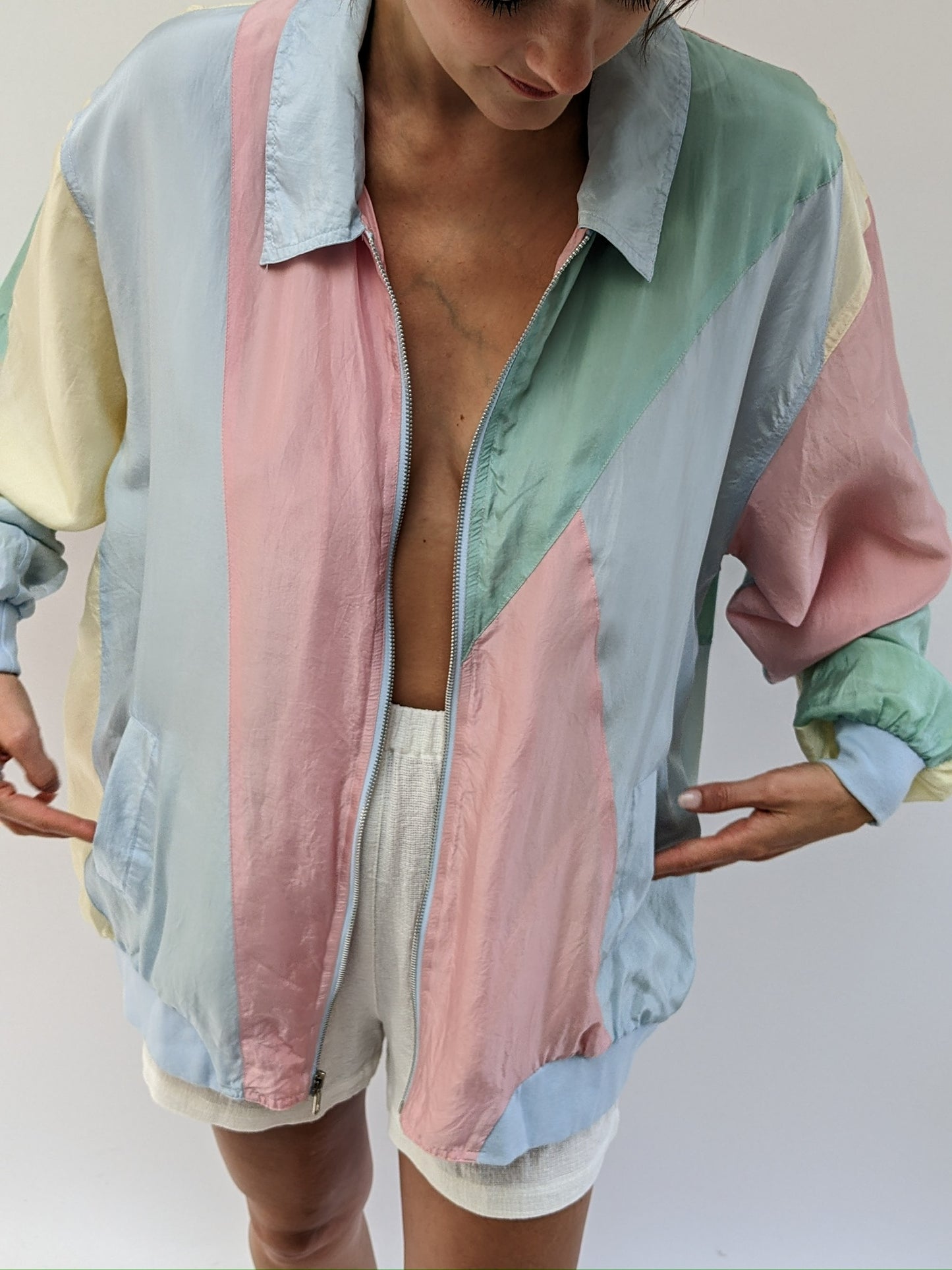 Fun Vintage Pastel Silk Bomber Jacket