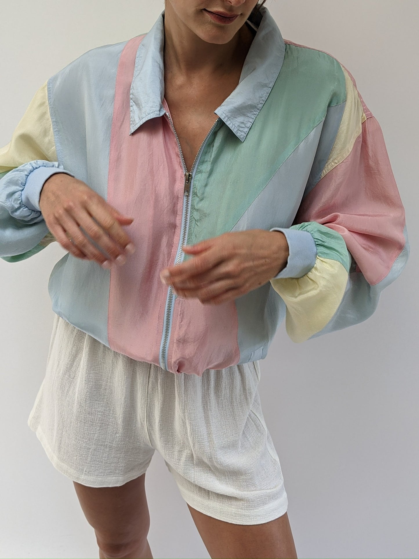 Fun Vintage Pastel Silk Bomber Jacket