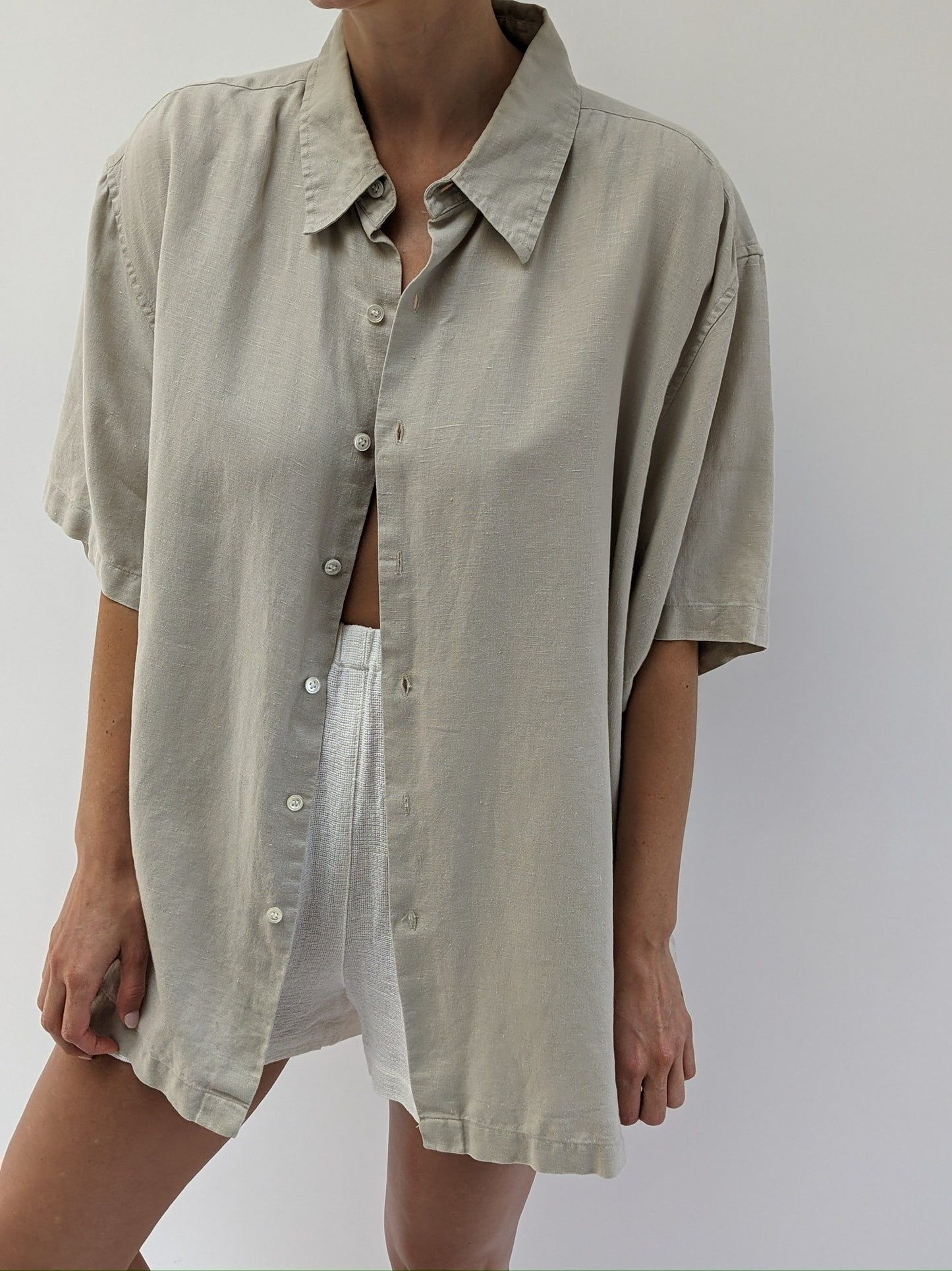 Vintage Sand Woven Linen Short Sleeve Blouse