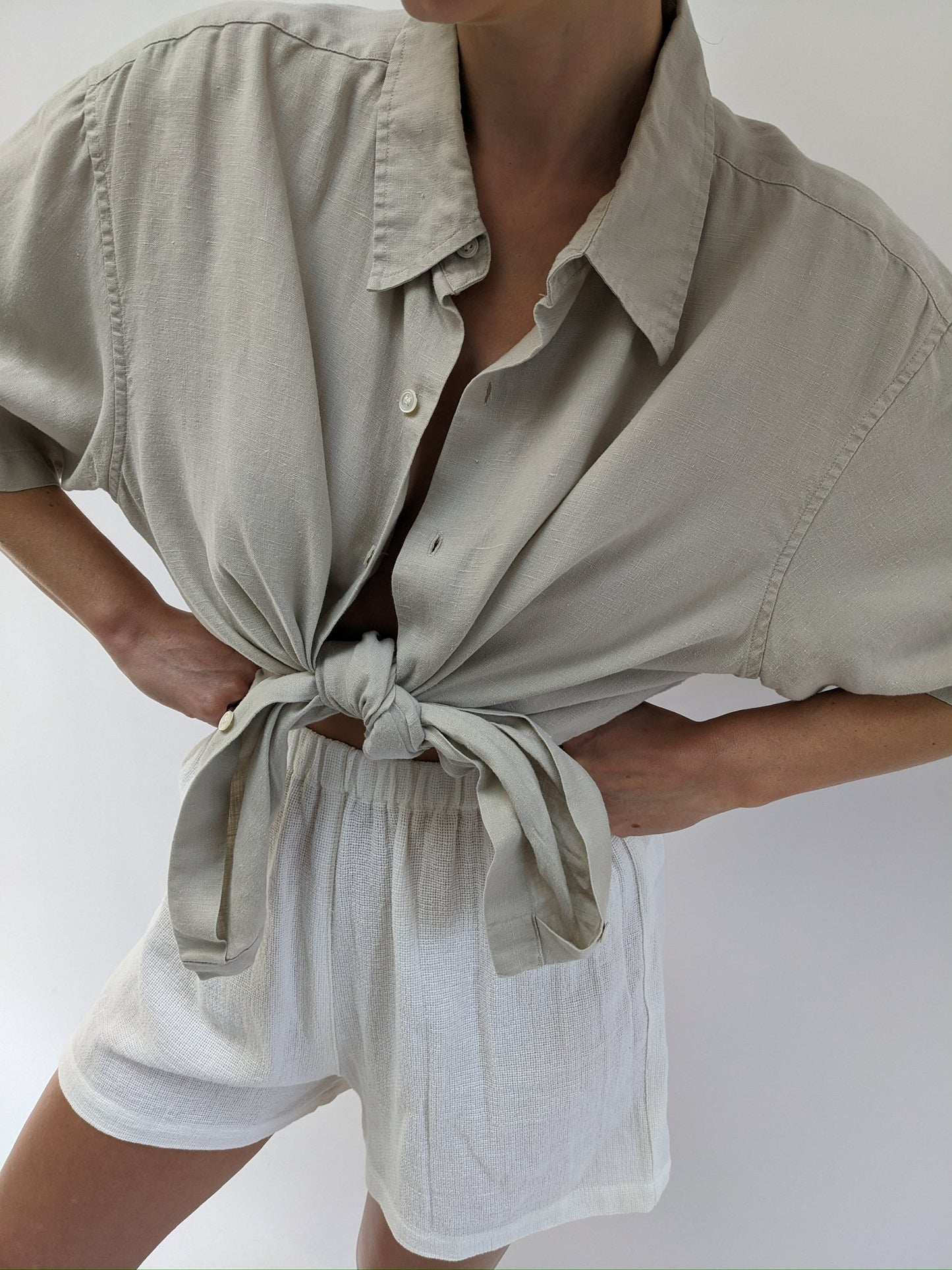 Vintage Sand Woven Linen Short Sleeve Blouse