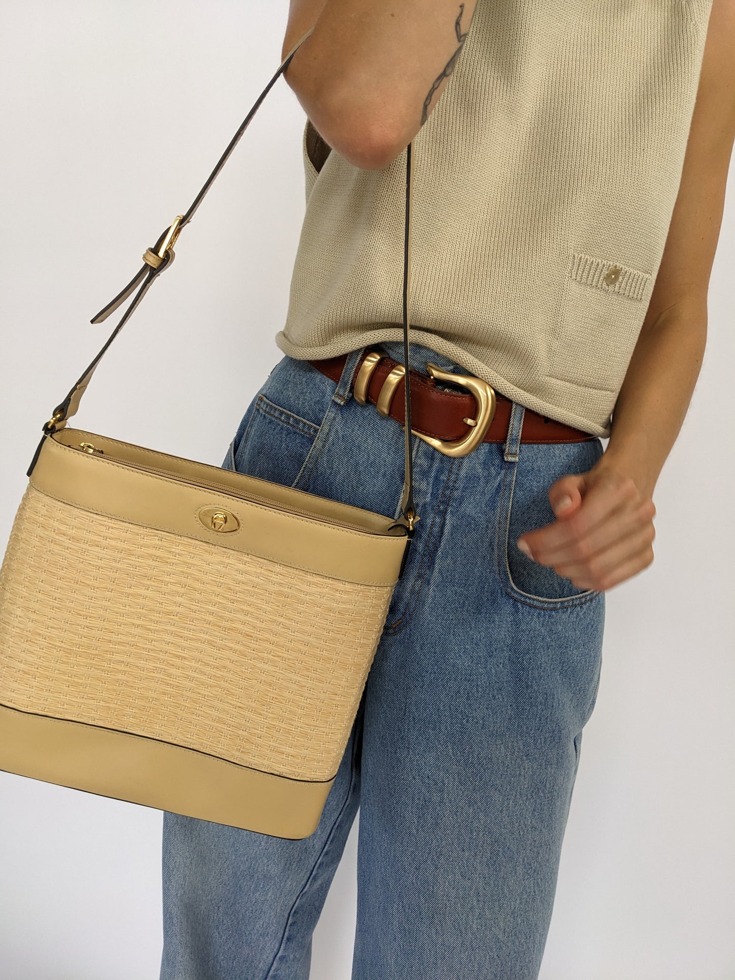 90s Woven & Vegan Leather Etienne Aigner Shoulder Bag