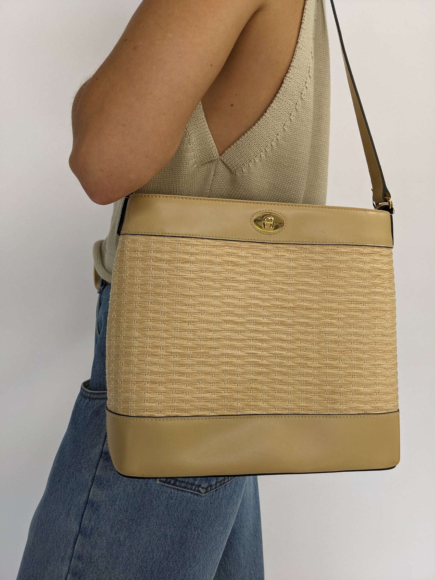 90s Woven & Vegan Leather Etienne Aigner Shoulder Bag