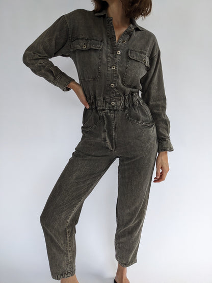 Vintage Faded Black Denim Jumpsuit