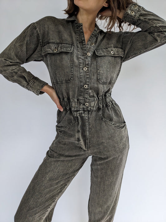 Vintage Faded Black Denim Jumpsuit